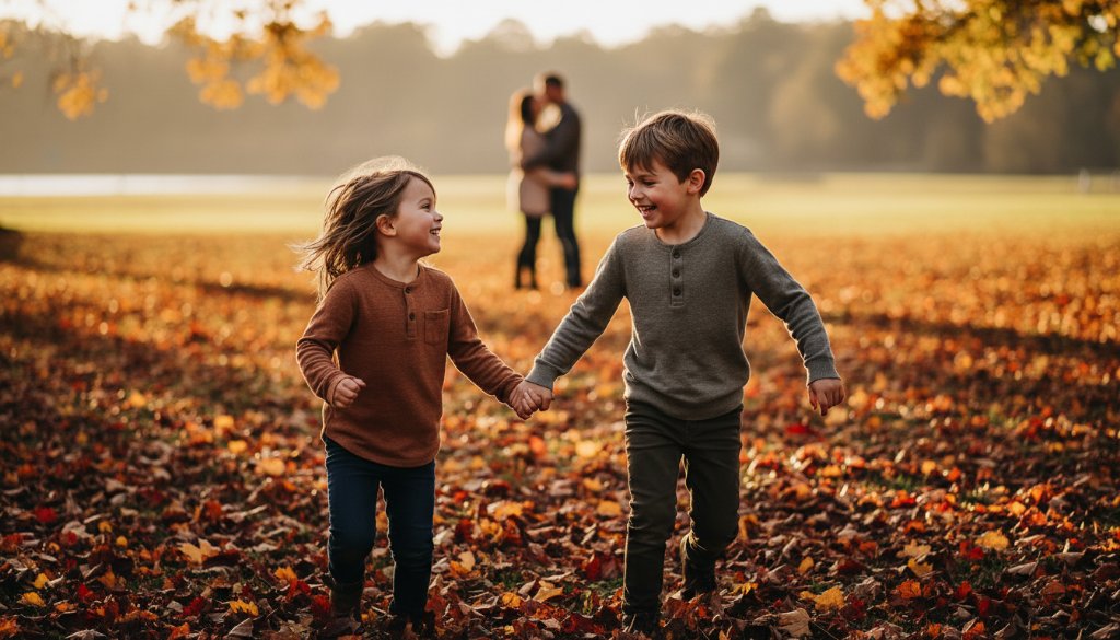 A heartwarming, professionally color-graded photograph capturing an "epic moment" of Templestowe Lower candid family photojournalism, where two young children laugh joyfully while playing in autumn leaves near the Yarra River, with their parents embracing softly in the background, bathed in golden hour light.