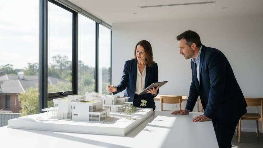 An epic moment captured in Templestowe Lower commercial photography elevating local brands, showing a modern architect dramatically presenting a detailed architectural model in a brightly lit studio.
