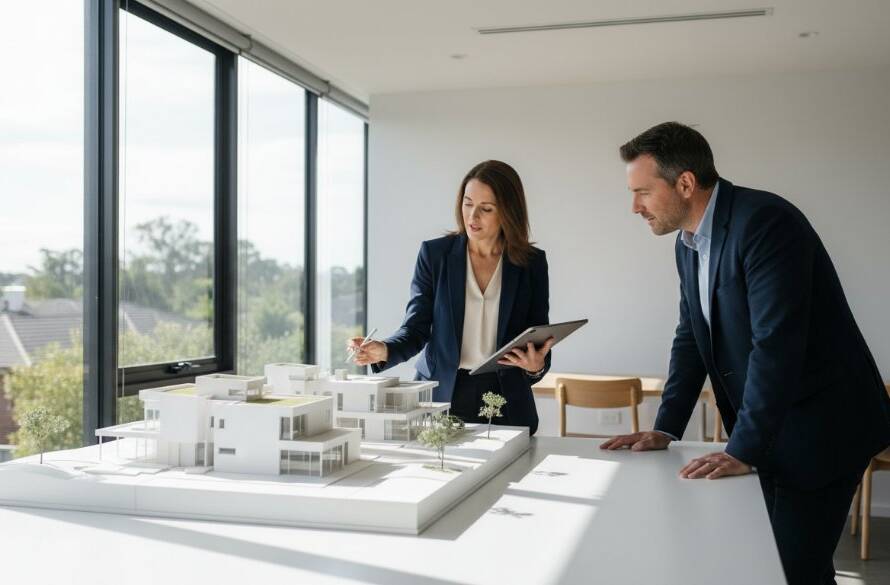 An epic moment captured in Templestowe Lower commercial photography elevating local brands, showing a modern architect dramatically presenting a detailed architectural model in a brightly lit studio.