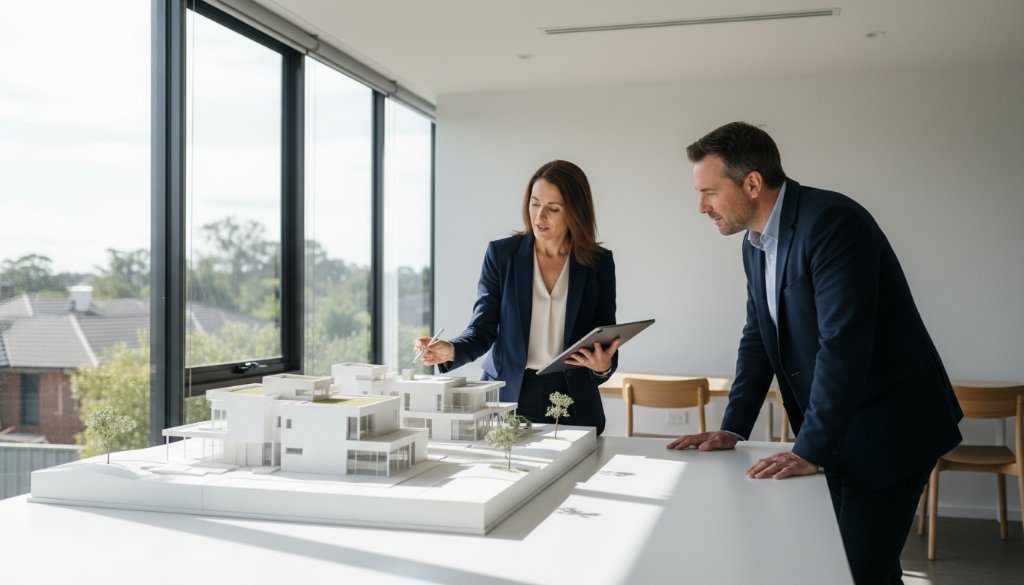 An epic moment captured in Templestowe Lower commercial photography elevating local brands, showing a modern architect dramatically presenting a detailed architectural model in a brightly lit studio.