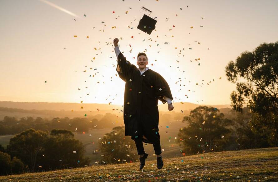 An epic moment captured in Templestowe Lower graduation photography vibrant celebration, featuring a graduate in full regalia joyfully tossing their cap against a backdrop of golden hour light over the Yarra River flats, with family cheering.