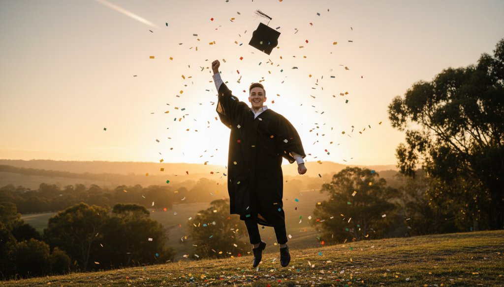 An epic moment captured in Templestowe Lower graduation photography vibrant celebration, featuring a graduate in full regalia joyfully tossing their cap against a backdrop of golden hour light over the Yarra River flats, with family cheering.
