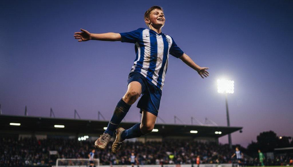 Dynamic wide-angle shot of a young soccer player in mid-kick, mud flying, under dramatic stadium lights during a Templestowe Lower junior sports photography match, capturing an epic goal-scoring moment.