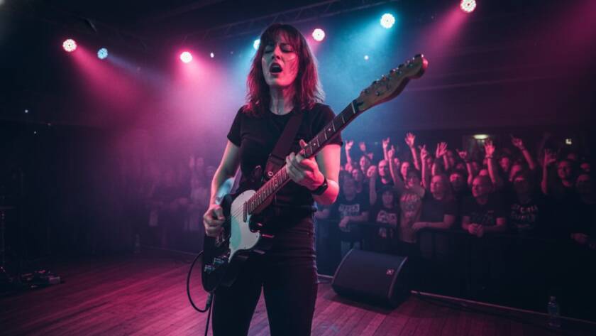 A dynamic shot capturing Templestowe Lower live music photography expertise, showing a lead singer bathed in dramatic stage lights, guitar soaring, with an engaged crowd blurred in the background, conveying an epic concert moment.