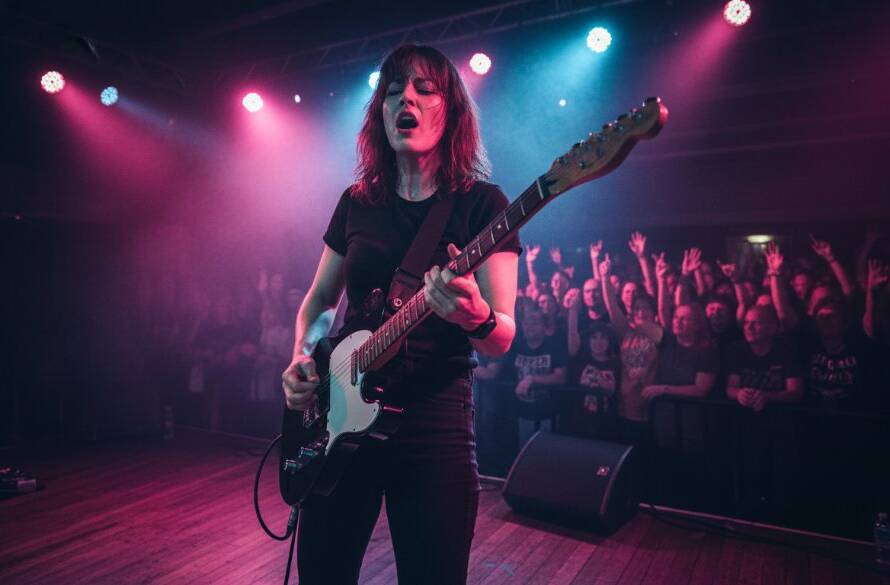 A dynamic shot capturing Templestowe Lower live music photography expertise, showing a lead singer bathed in dramatic stage lights, guitar soaring, with an engaged crowd blurred in the background, conveying an epic concert moment.