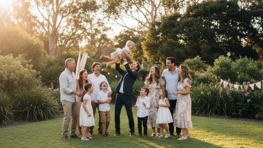 A couple celebrating an anniversary with family and friends at a beautifully decorated outdoor venue in Templestowe Lower, with professional Templestowe Lower milestone event photography capturing a joyous, candid moment as they toast, bathed in warm golden hour light.