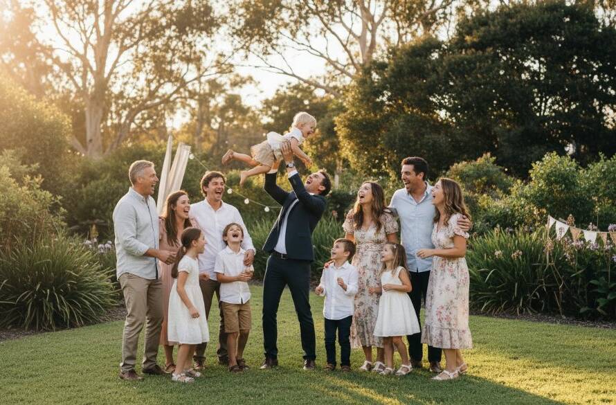 A couple celebrating an anniversary with family and friends at a beautifully decorated outdoor venue in Templestowe Lower, with professional Templestowe Lower milestone event photography capturing a joyous, candid moment as they toast, bathed in warm golden hour light.