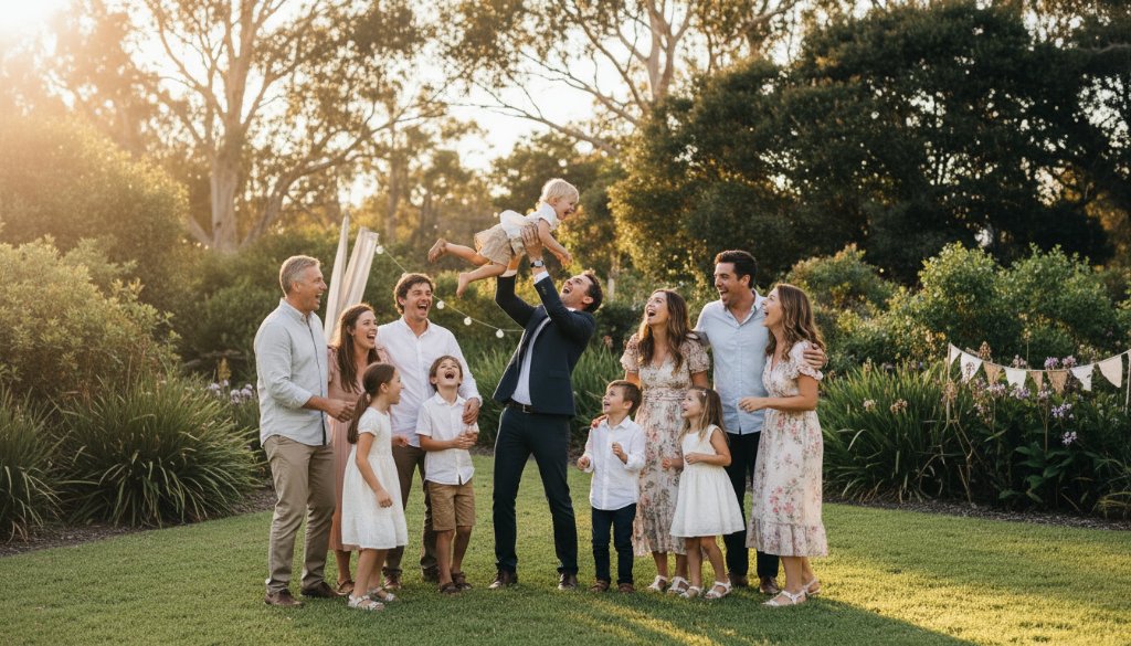 A couple celebrating an anniversary with family and friends at a beautifully decorated outdoor venue in Templestowe Lower, with professional Templestowe Lower milestone event photography capturing a joyous, candid moment as they toast, bathed in warm golden hour light.