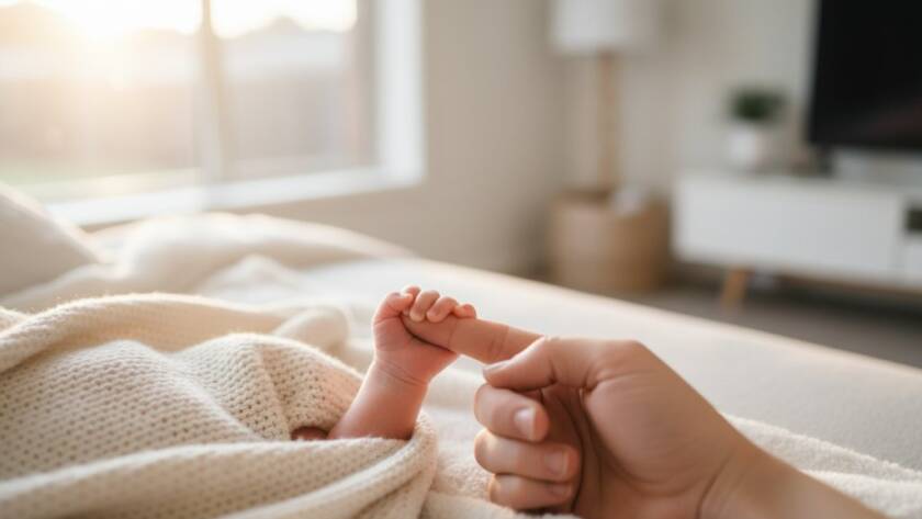 An 'epic moment' of a serene newborn baby sleeping soundly, nestled in a soft white blanket with delicate natural light falling on their face, captured during a Templestowe Lower newborn photography natural light moments session, showcasing peace and innocence.