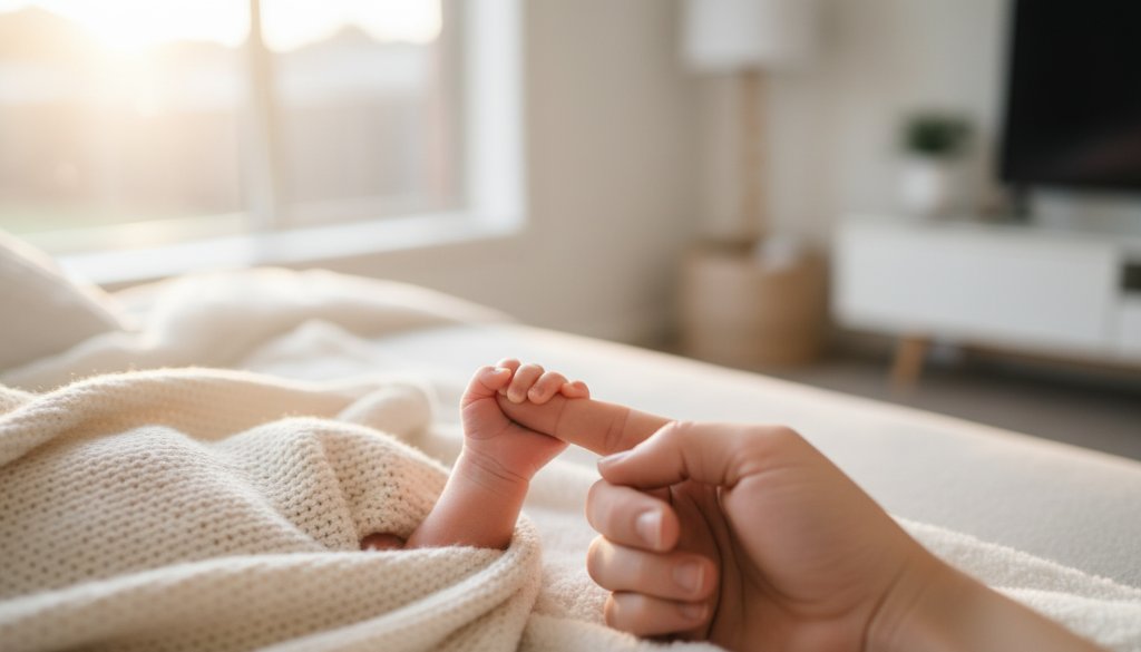 An 'epic moment' of a serene newborn baby sleeping soundly, nestled in a soft white blanket with delicate natural light falling on their face, captured during a Templestowe Lower newborn photography natural light moments session, showcasing peace and innocence.