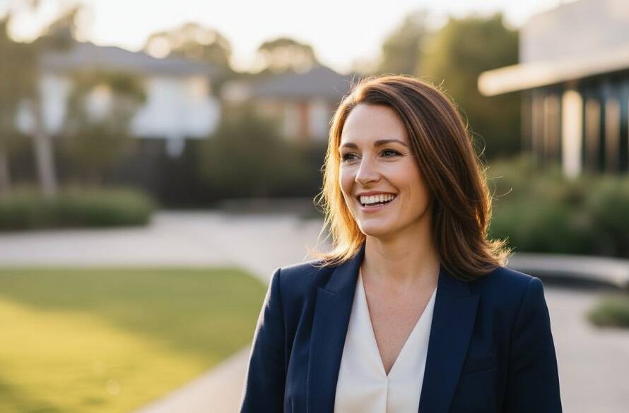 A confident executive smiles genuinely in a Templestowe Lower premium professional headshots for career elevation session, bathed in warm, cinematic golden hour light against a subtly blurred professional architectural background, radiating approachability and leadership.
