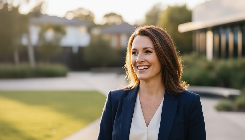 A confident executive smiles genuinely in a Templestowe Lower premium professional headshots for career elevation session, bathed in warm, cinematic golden hour light against a subtly blurred professional architectural background, radiating approachability and leadership.