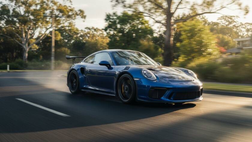 Dynamic action shot of a sleek, dark luxury sports car speeding along a winding road in Templestowe Lower, with motion blur and dramatic sunset lighting, showcasing expert Templestowe Lower prestige car photography services by Image by SD.