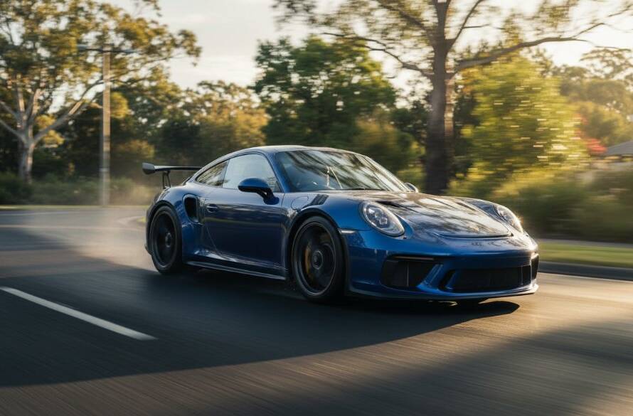 Dynamic action shot of a sleek, dark luxury sports car speeding along a winding road in Templestowe Lower, with motion blur and dramatic sunset lighting, showcasing expert Templestowe Lower prestige car photography services by Image by SD.