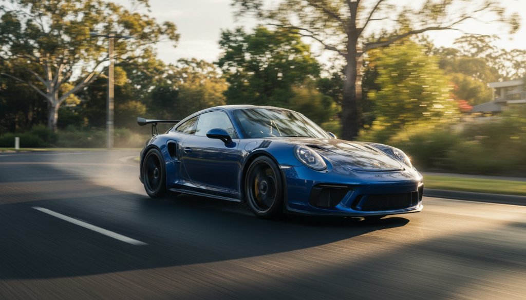 Dynamic action shot of a sleek, dark luxury sports car speeding along a winding road in Templestowe Lower, with motion blur and dramatic sunset lighting, showcasing expert Templestowe Lower prestige car photography services by Image by SD.