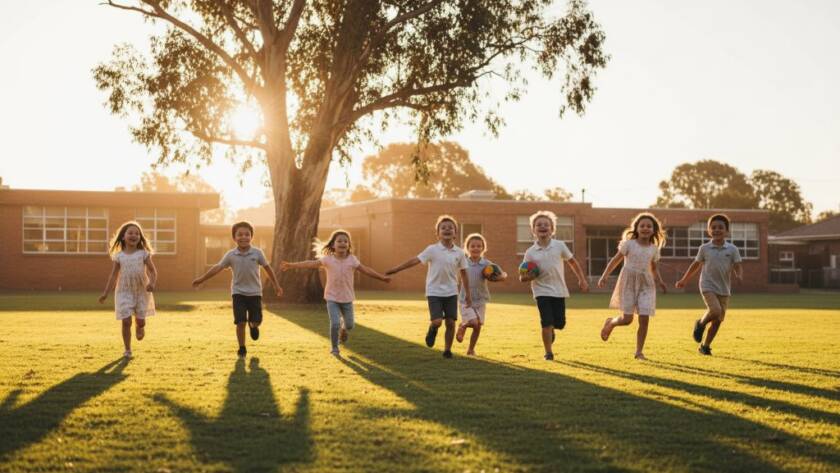 An inspiring wide shot of children from Templestowe Lower primary school photography capturing authentic joy, running and laughing on a sunny oval, perfectly framed by a grand oak tree, showcasing vibrant natural light and genuine emotion.