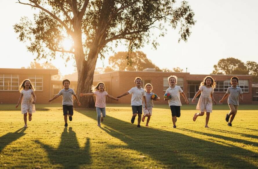 An inspiring wide shot of children from Templestowe Lower primary school photography capturing authentic joy, running and laughing on a sunny oval, perfectly framed by a grand oak tree, showcasing vibrant natural light and genuine emotion.