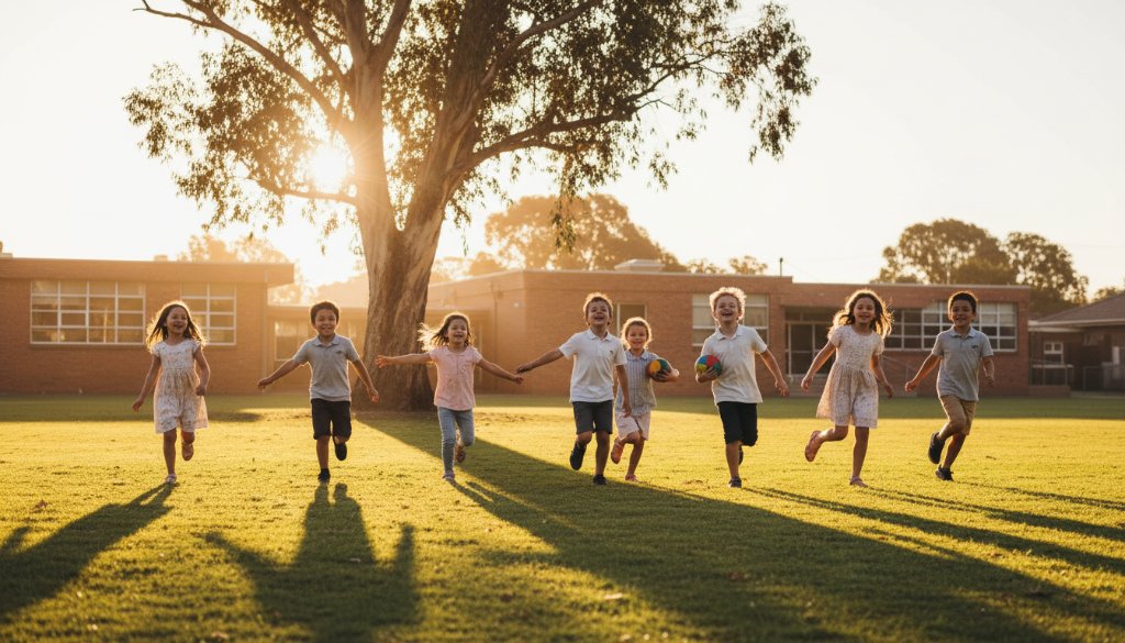 An inspiring wide shot of children from Templestowe Lower primary school photography capturing authentic joy, running and laughing on a sunny oval, perfectly framed by a grand oak tree, showcasing vibrant natural light and genuine emotion.