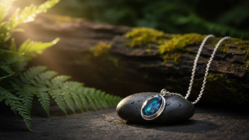 Dramatic, beautifully lit close-up of a handcrafted sterling silver necklace with an iridescent gemstone on a dark river stone, showcasing its intricate detail against a blurred, natural Templestowe Lower backdrop, exemplifying Templestowe Lower product photography for artisans.