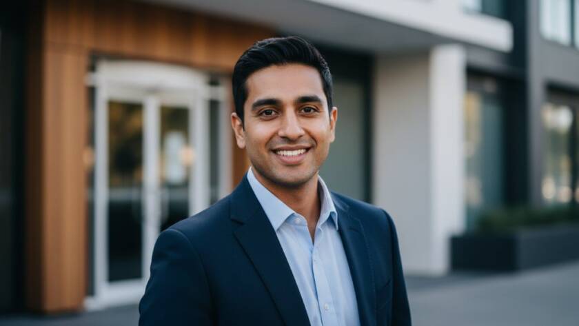 A dramatic, cinematically lit professional headshot of a confident business professional in Templestowe Lower, standing against a softly blurred urban backdrop near Macedon Square, showcasing their ambition and professional presence for career advancement, captured by a skilled photographer with a shallow depth of field and warm, inviting tones.