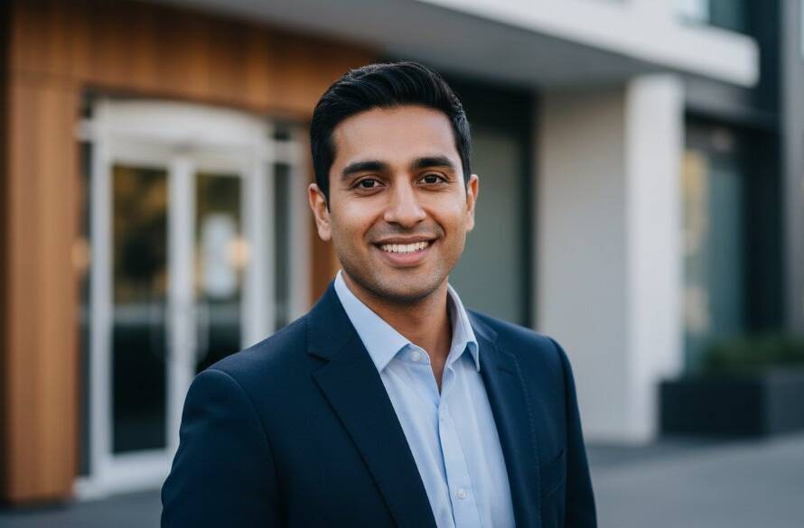 A dramatic, cinematically lit professional headshot of a confident business professional in Templestowe Lower, standing against a softly blurred urban backdrop near Macedon Square, showcasing their ambition and professional presence for career advancement, captured by a skilled photographer with a shallow depth of field and warm, inviting tones.