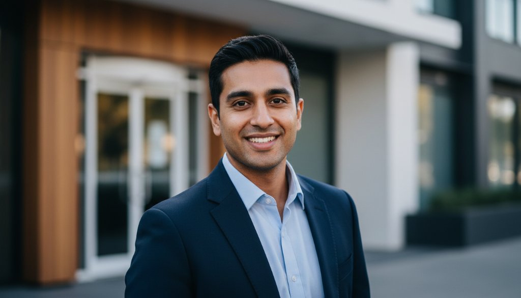 A dramatic, cinematically lit professional headshot of a confident business professional in Templestowe Lower, standing against a softly blurred urban backdrop near Macedon Square, showcasing their ambition and professional presence for career advancement, captured by a skilled photographer with a shallow depth of field and warm, inviting tones.