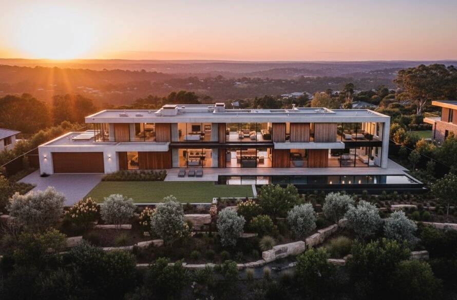 An aerial wide shot showcasing a luxurious home in Templestowe Lower, bathed in golden hour light, reflecting how Templestowe Lower real estate photography boosts property value, with lush gardens and a distant view of the Yarra River valley, professionally colour-graded.