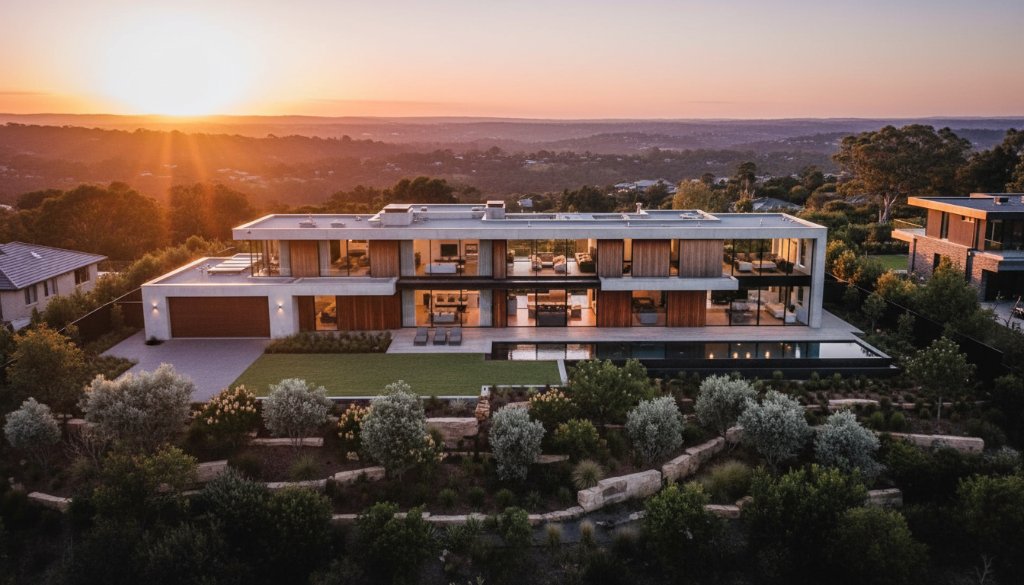 An aerial wide shot showcasing a luxurious home in Templestowe Lower, bathed in golden hour light, reflecting how Templestowe Lower real estate photography boosts property value, with lush gardens and a distant view of the Yarra River valley, professionally colour-graded.