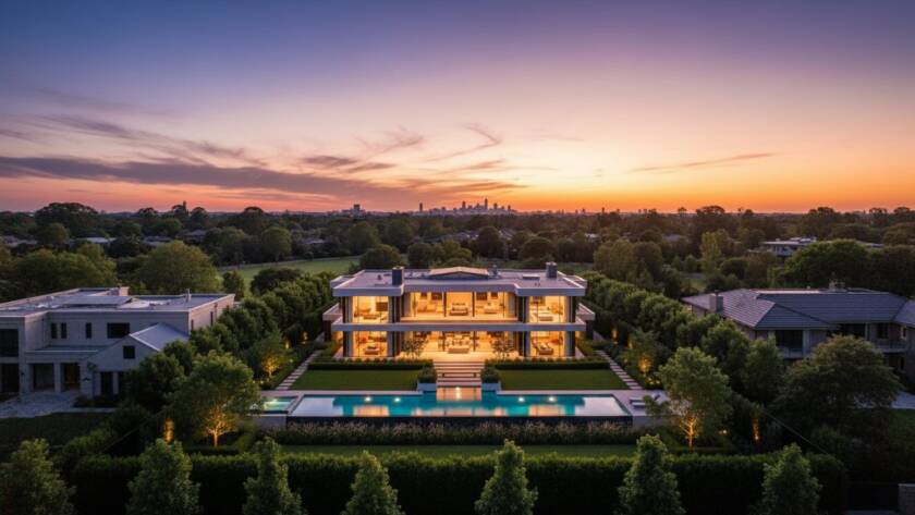 An aerial sunset shot capturing a stunning modern luxury home in Templestowe Lower, showcasing exceptional Templestowe Lower real estate photography luxury homes, with golden light illuminating its expansive gardens and pool.