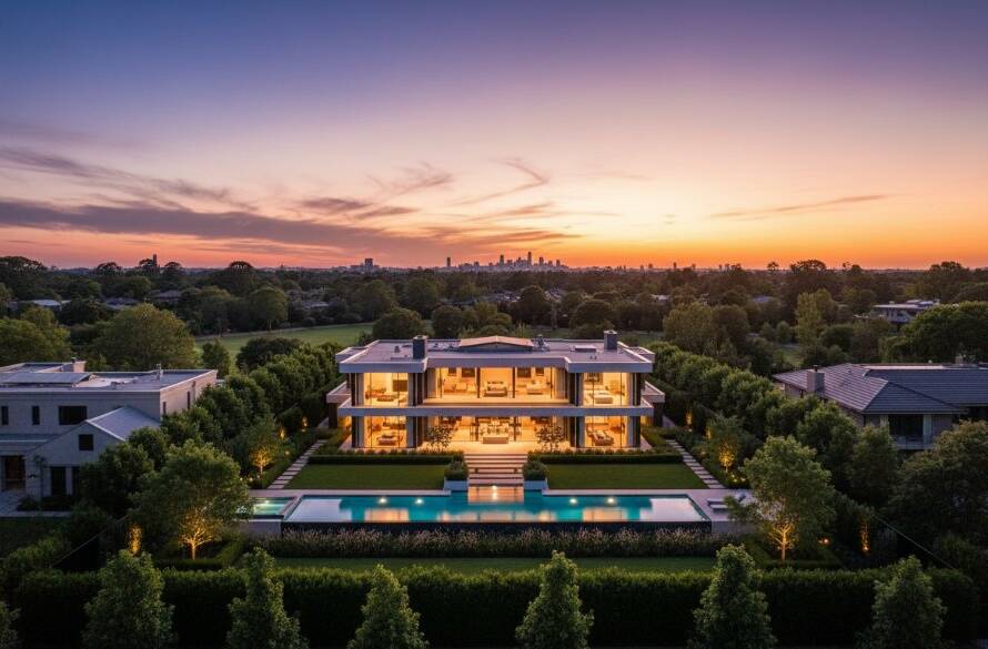 An aerial sunset shot capturing a stunning modern luxury home in Templestowe Lower, showcasing exceptional Templestowe Lower real estate photography luxury homes, with golden light illuminating its expansive gardens and pool.