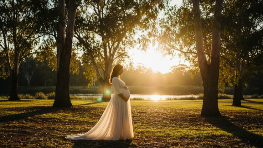 An expectant mother in a flowing gown at golden hour in Templestowe, gazing tenderly at her baby bump, captured as a breathtaking outdoor portrait by a Templestowe maternity photography expert, reflecting a serene and epic moment of anticipation amidst lush Australian greenery.