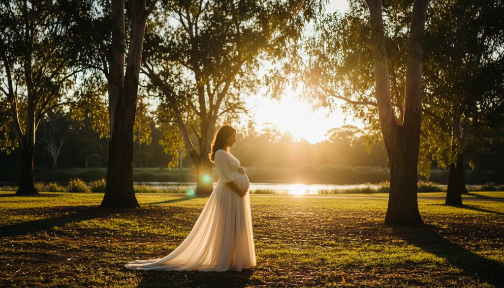 An expectant mother in a flowing gown at golden hour in Templestowe, gazing tenderly at her baby bump, captured as a breathtaking outdoor portrait by a Templestowe maternity photography expert, reflecting a serene and epic moment of anticipation amidst lush Australian greenery.