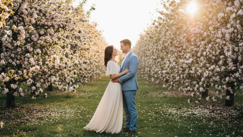 An epic, cinematic moment captured during Templestowe Orchard pre-wedding photography Melbourne, featuring a couple embracing under dramatic golden hour light, surrounded by blossom trees, showcasing their deep connection and joy.