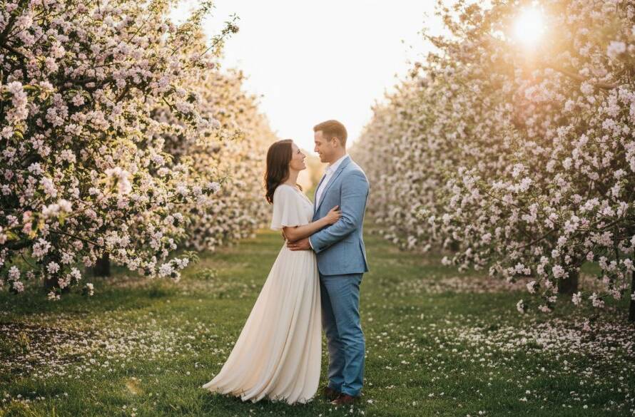 An epic, cinematic moment captured during Templestowe Orchard pre-wedding photography Melbourne, featuring a couple embracing under dramatic golden hour light, surrounded by blossom trees, showcasing their deep connection and joy.