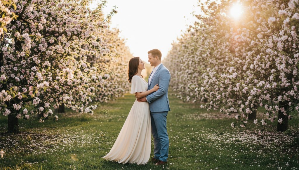 An epic, cinematic moment captured during Templestowe Orchard pre-wedding photography Melbourne, featuring a couple embracing under dramatic golden hour light, surrounded by blossom trees, showcasing their deep connection and joy.