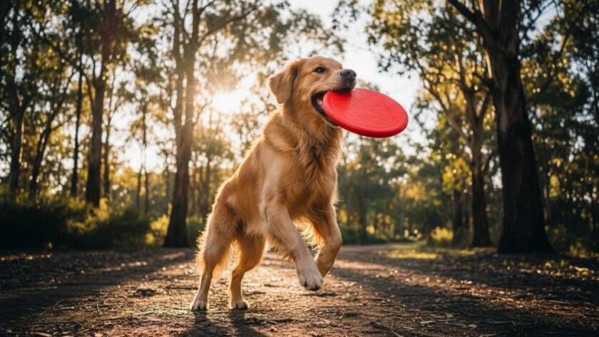 A golden retriever mid-leap, joyfully catching a frisbee at Westerfolds Park during Templestowe pet photography adventures, with dynamic backlighting and a vibrant, energetic composition.