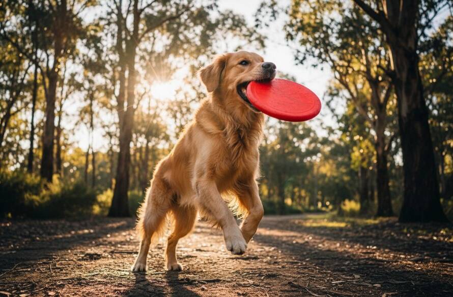A golden retriever mid-leap, joyfully catching a frisbee at Westerfolds Park during Templestowe pet photography adventures, with dynamic backlighting and a vibrant, energetic composition.