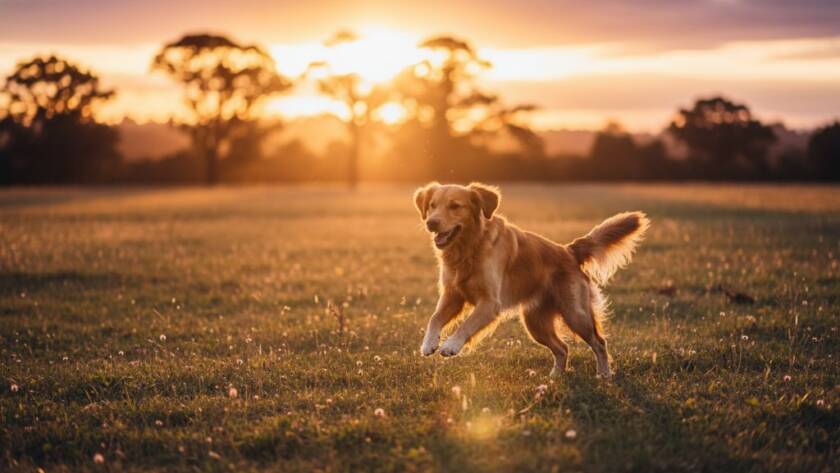 A majestic golden retriever joyfully leaping through golden light in a natural Templestowe park, embodying the spirit of Templestowe Pet Photography Capturing Cherished Furry Moments, professionally captured with dramatic flair.