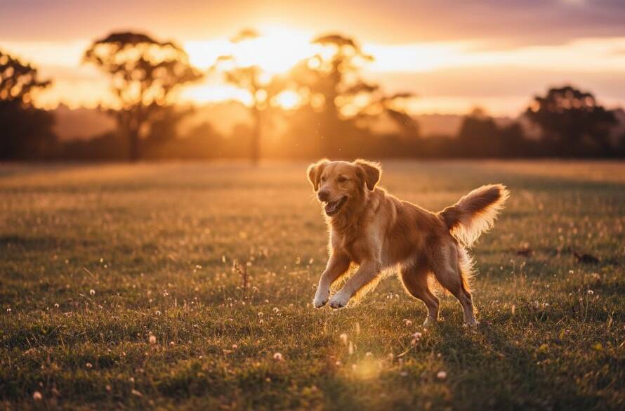 A majestic golden retriever joyfully leaping through golden light in a natural Templestowe park, embodying the spirit of Templestowe Pet Photography Capturing Cherished Furry Moments, professionally captured with dramatic flair.