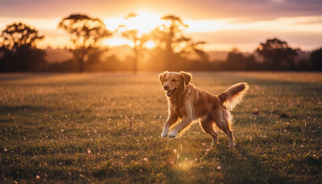 A majestic golden retriever joyfully leaping through golden light in a natural Templestowe park, embodying the spirit of Templestowe Pet Photography Capturing Cherished Furry Moments, professionally captured with dramatic flair.