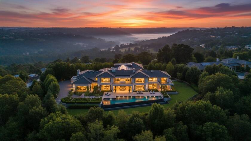 A stunning aerial view showcasing a sprawling luxury estate in Templestowe at dusk, with ambient interior lights glowing warmly and a beautifully landscaped garden, captured by Templestowe Real Estate Photography Luxury Lifestyle Victoria, highlighting the opulent lifestyle with dramatic cinematic lighting.