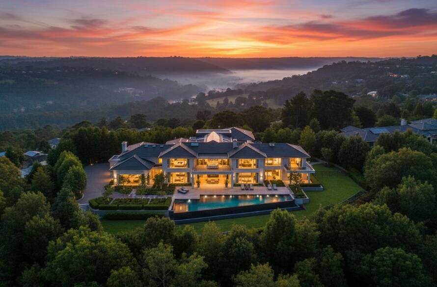 A stunning aerial view showcasing a sprawling luxury estate in Templestowe at dusk, with ambient interior lights glowing warmly and a beautifully landscaped garden, captured by Templestowe Real Estate Photography Luxury Lifestyle Victoria, highlighting the opulent lifestyle with dramatic cinematic lighting.
