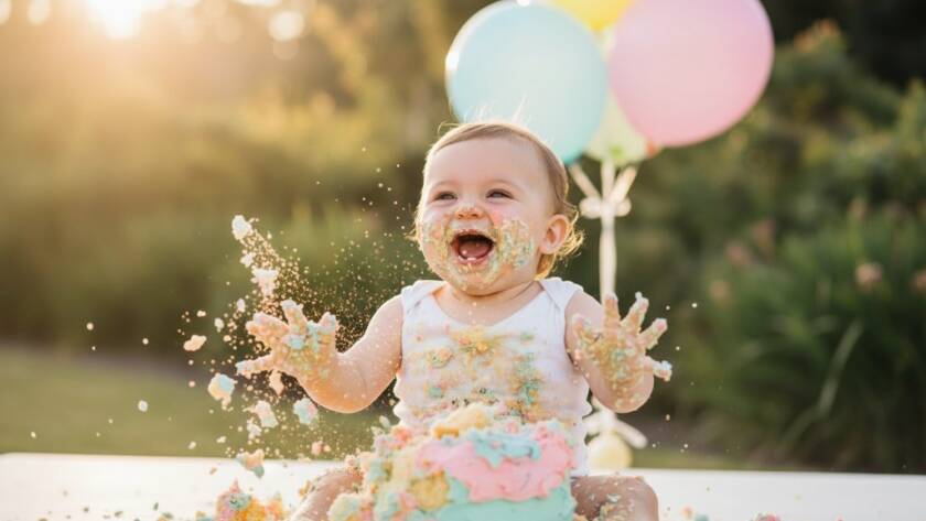 A joyful baby in Templestowe's first birthday cake smash photography joy, covered in cake, laughing amidst pastel balloons, with dramatic golden hour lighting creating an epic moment of pure delight and celebration.