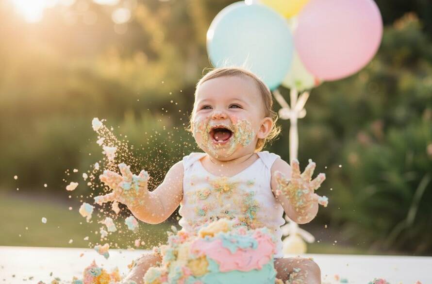 A joyful baby in Templestowe's first birthday cake smash photography joy, covered in cake, laughing amidst pastel balloons, with dramatic golden hour lighting creating an epic moment of pure delight and celebration.