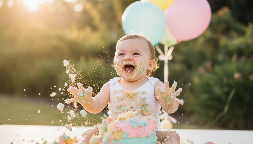 A joyful baby in Templestowe's first birthday cake smash photography joy, covered in cake, laughing amidst pastel balloons, with dramatic golden hour lighting creating an epic moment of pure delight and celebration.