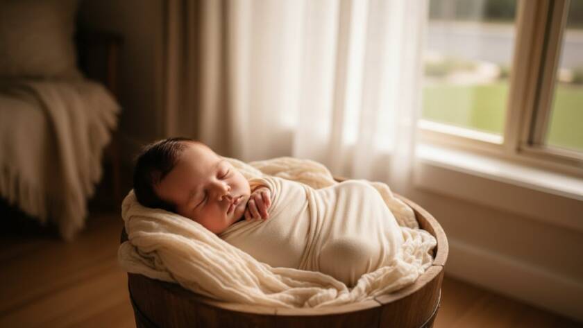 An ethereal and tender Glen Iris newborn photography sessions portrait, featuring a peacefully sleeping baby swaddled in soft cream fabric, bathed in warm, cinematic window light filtering through sheer curtains in a beautifully styled Glen Iris home, evoking a moment of serene calm.