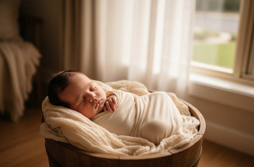 An ethereal and tender Glen Iris newborn photography sessions portrait, featuring a peacefully sleeping baby swaddled in soft cream fabric, bathed in warm, cinematic window light filtering through sheer curtains in a beautifully styled Glen Iris home, evoking a moment of serene calm.