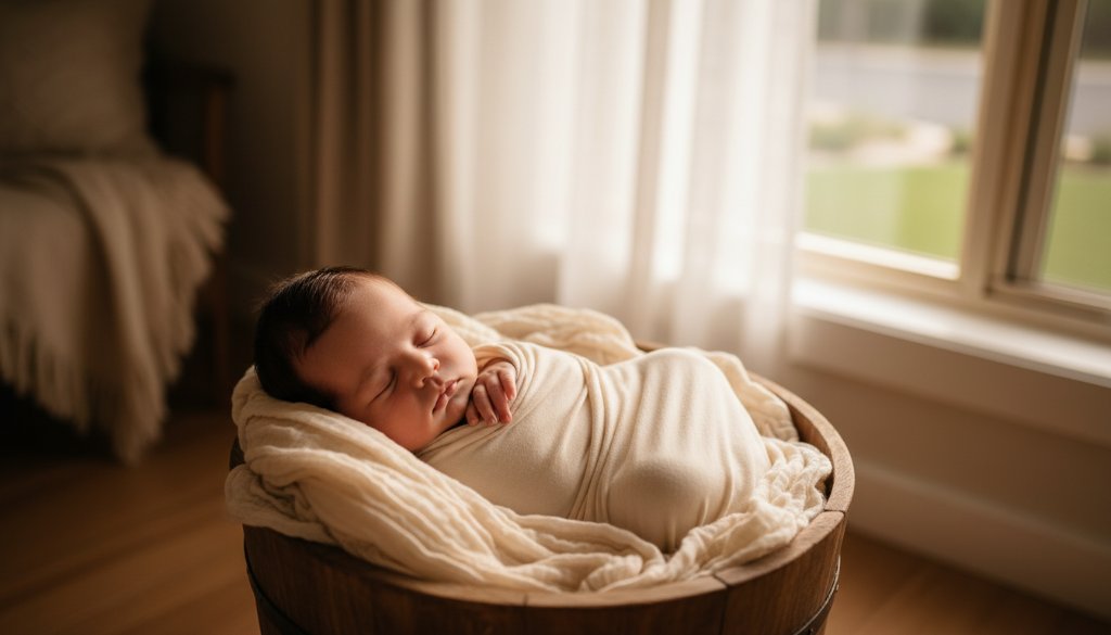 An ethereal and tender Glen Iris newborn photography sessions portrait, featuring a peacefully sleeping baby swaddled in soft cream fabric, bathed in warm, cinematic window light filtering through sheer curtains in a beautifully styled Glen Iris home, evoking a moment of serene calm.