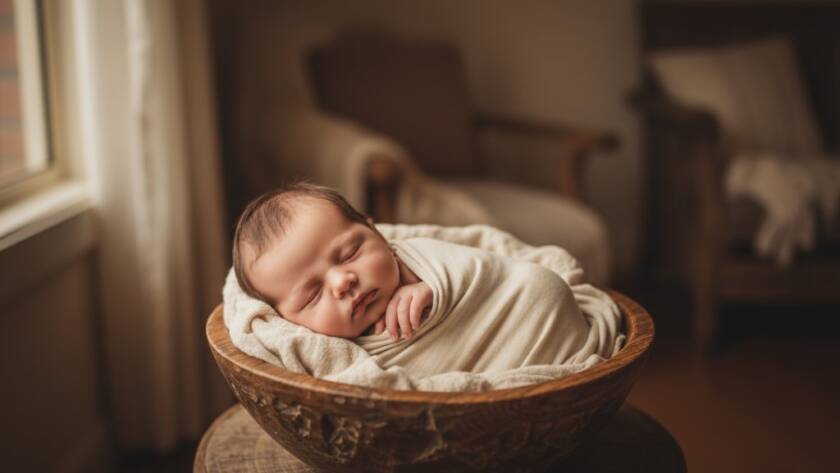 A heartwarming, softly lit photograph capturing tender Hughesdale newborn photography moments, featuring a tiny baby swaddled peacefully in a rustic basket, with a parent's gentle hand caressing their head, bathed in golden hour light creating an epic, ethereal glow.