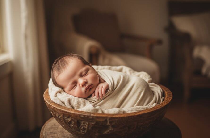A heartwarming, softly lit photograph capturing tender Hughesdale newborn photography moments, featuring a tiny baby swaddled peacefully in a rustic basket, with a parent's gentle hand caressing their head, bathed in golden hour light creating an epic, ethereal glow.